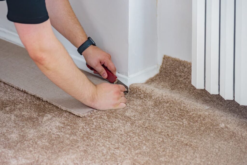 professional carpet installer installing carpet on a corner