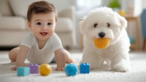 why is carpet padding important featured image with cute baby and dog laying on carpet